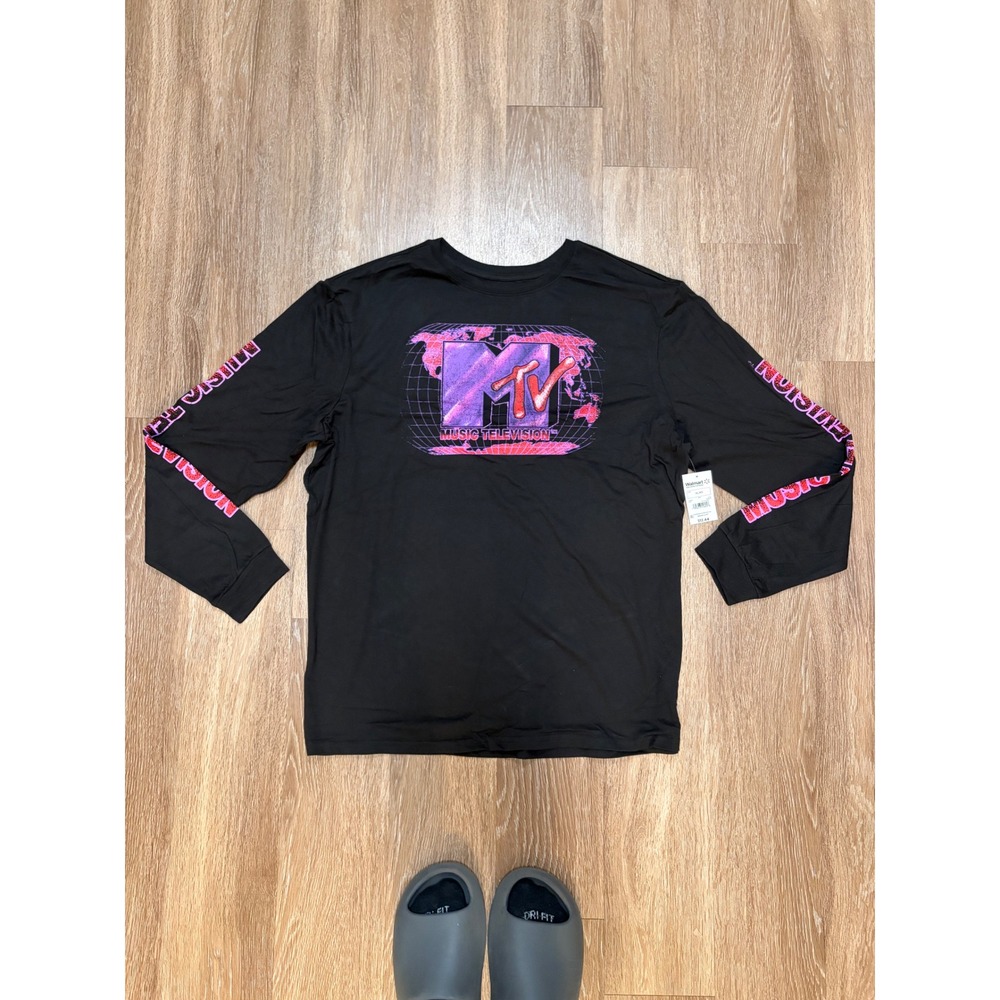 MTV Music Television Mens XL Black Long Sleeve Graphic T-Shirt Globe Logo Retro